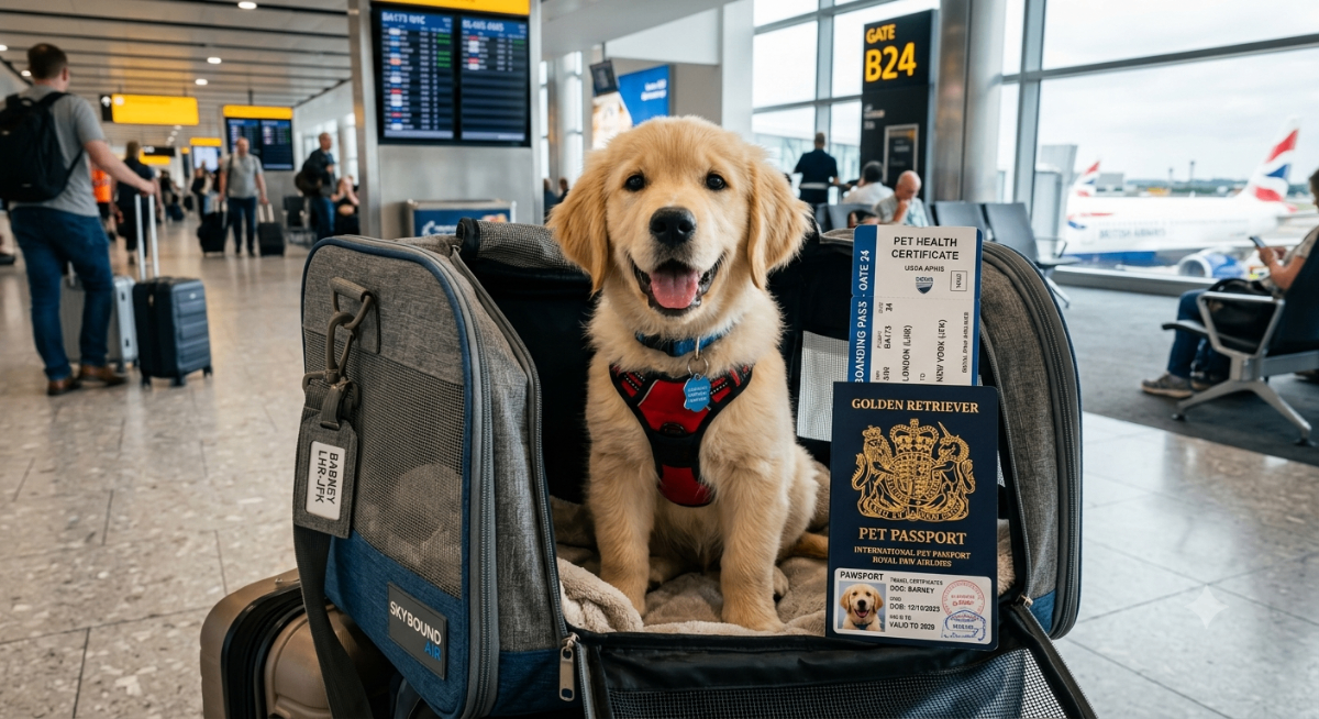 A happy dog sitting in a travel carrier with a passport, ready for domestic or international travel, symbolizing pet travel certificates.
