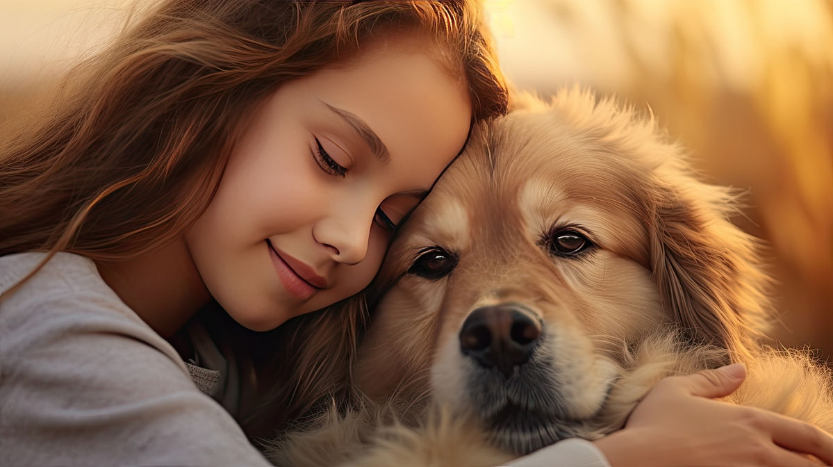 A person gently petting a dog, signifying emotional support, with a blurred background of an apartment.