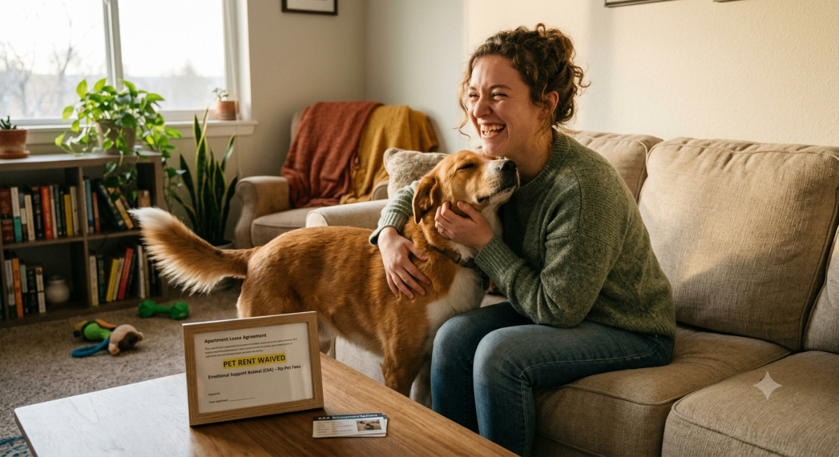 A happy person petting a dog, representing waived pet rent and emotional support. The scene suggests a cozy home without pet fees.