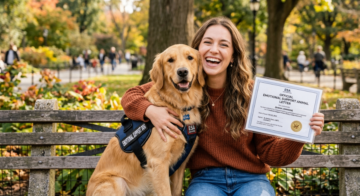 Happy person with their emotional support dog, symbolizing legitimate ESA letter acquisition