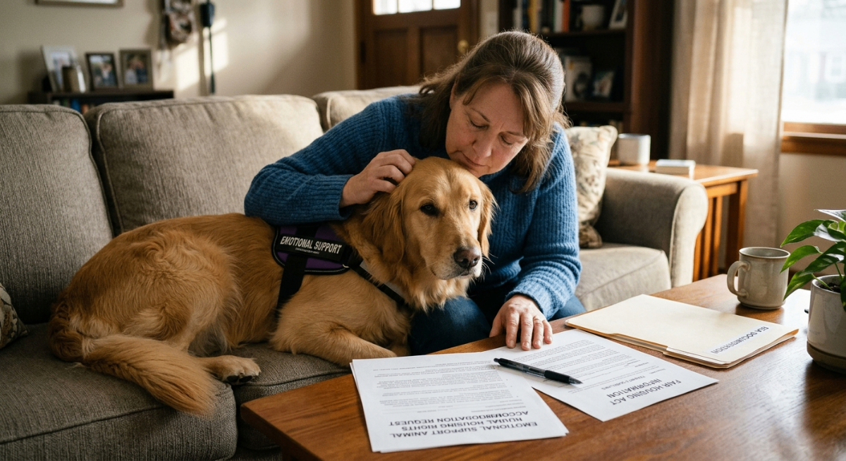 A person gently petting an emotional support animal, with housing documents on a table, symbolizing navigating ESA housing rights.