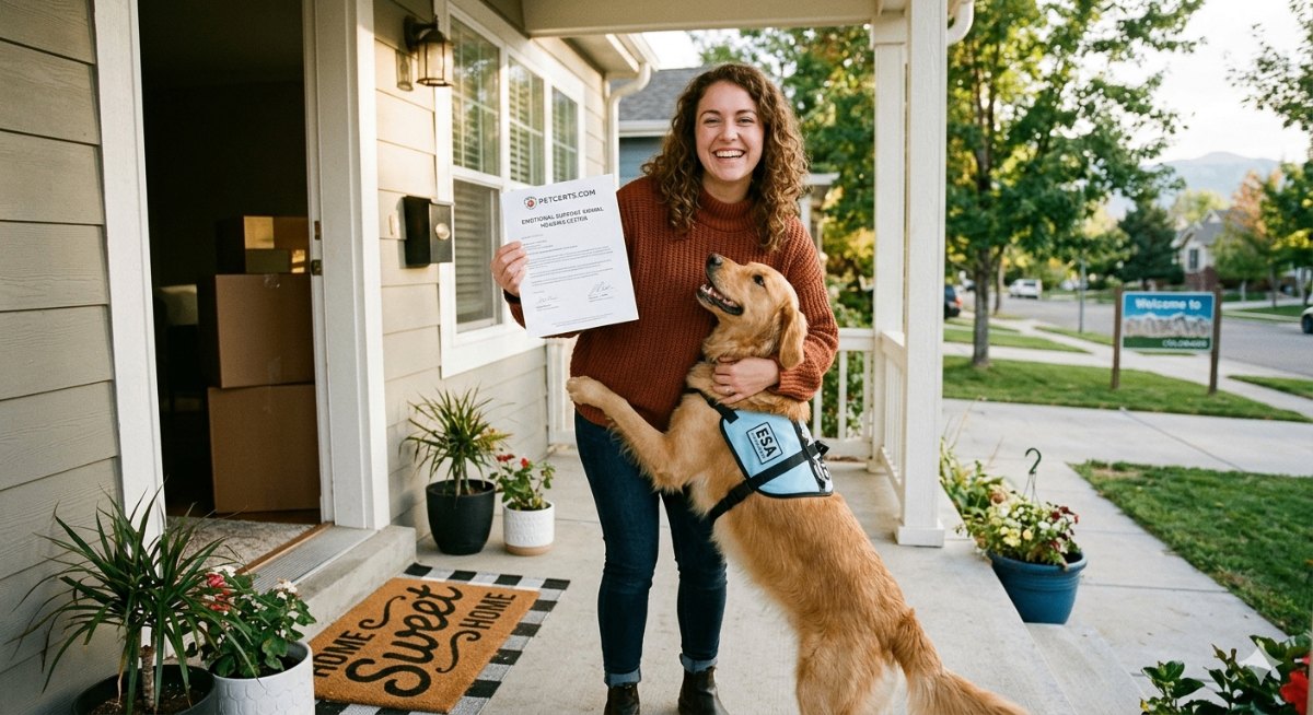 Woman happily moving to a new state with her emotional support dog, holding a valid ESA letter, symbolizing seamless transition with PetCerts.com.