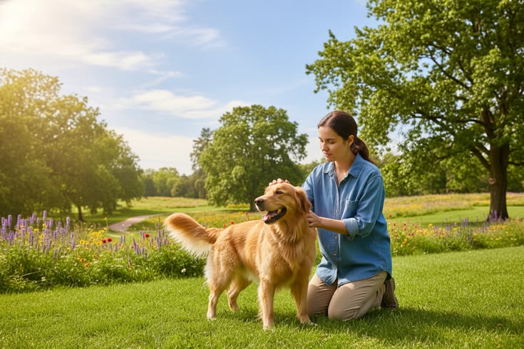 A person happily petting their dog, representing the comfort and support an emotional support animal provides, with a subtle overlay suggesting affordability.