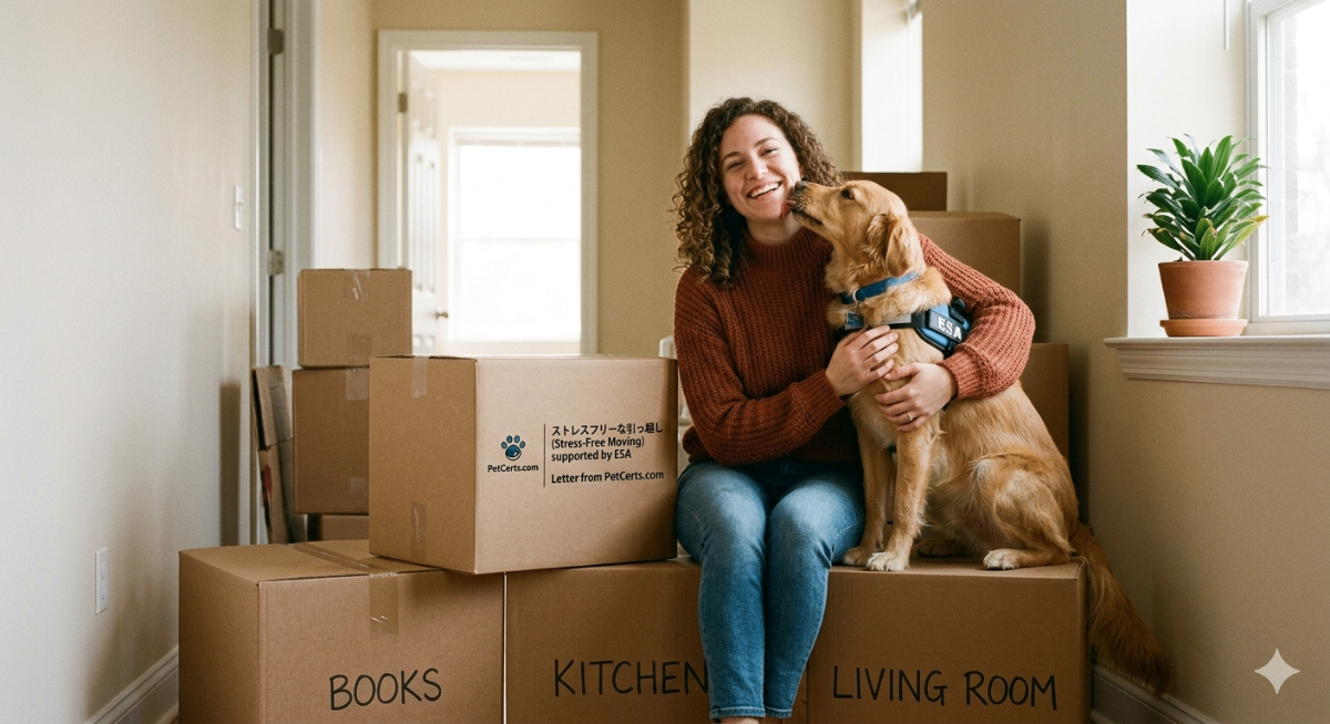 A person with an emotional support dog sitting calmly in a moving box, symbolizing peace of mind during an interstate move with an ESA letter.