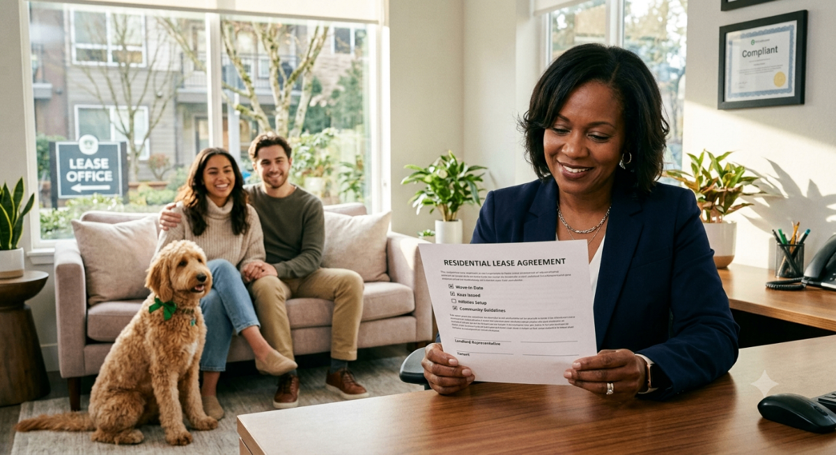 A landlord confidently reviewing a legitimate Emotional Support Animal letter from PetCerts.com, with a happy tenant and their ESA in the background, symbolizing peace of mind and compliance.