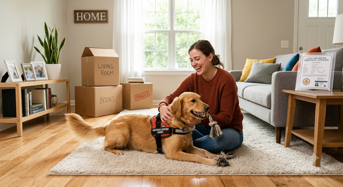 A person happily playing with their emotional support dog in a new, bright living room, symbolizing a smooth transition with a state-compliant ESA letter.