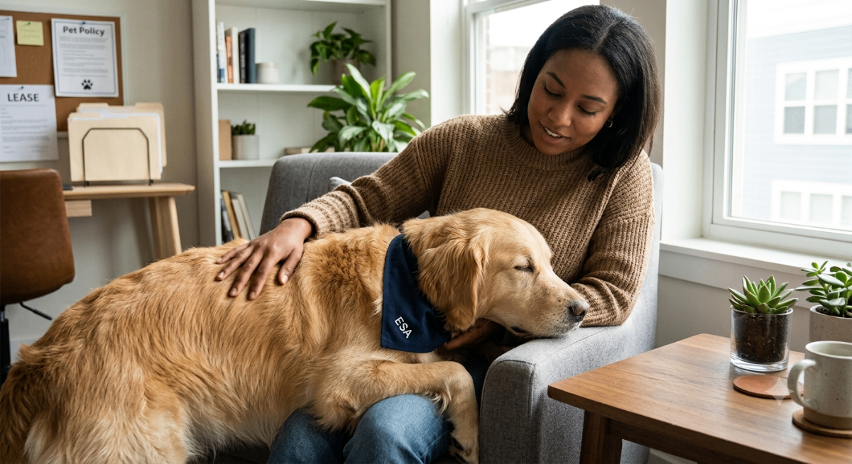 A person gently stroking an emotional support dog, symbolizing comfort and compliant housing with an ESA letter from PetCerts.com.