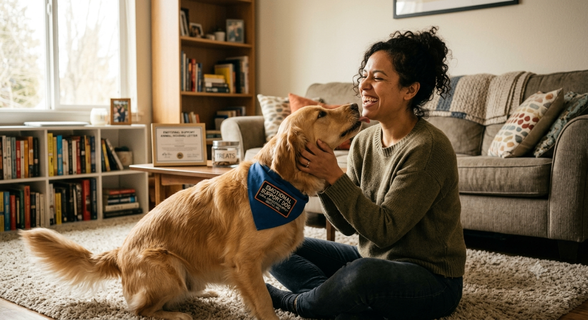 A person happily interacting with their emotional support dog at home, symbolizing legal protection and comfort.