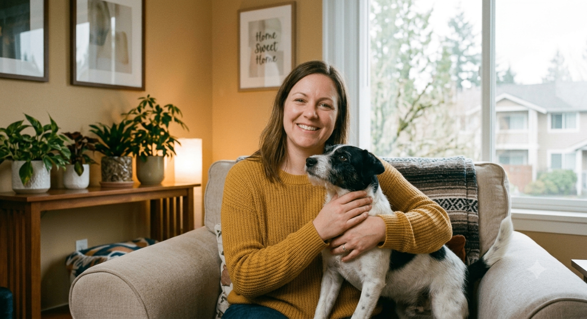 A happy tenant with their emotional support animal, holding a PetCerts.com ESA letter, symbolizing peace of mind in housing.