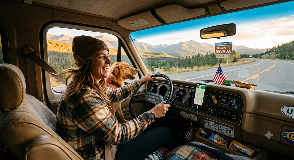 A happy person with their emotional support dog on a road trip, symbolizing ESA letter validity across state lines.