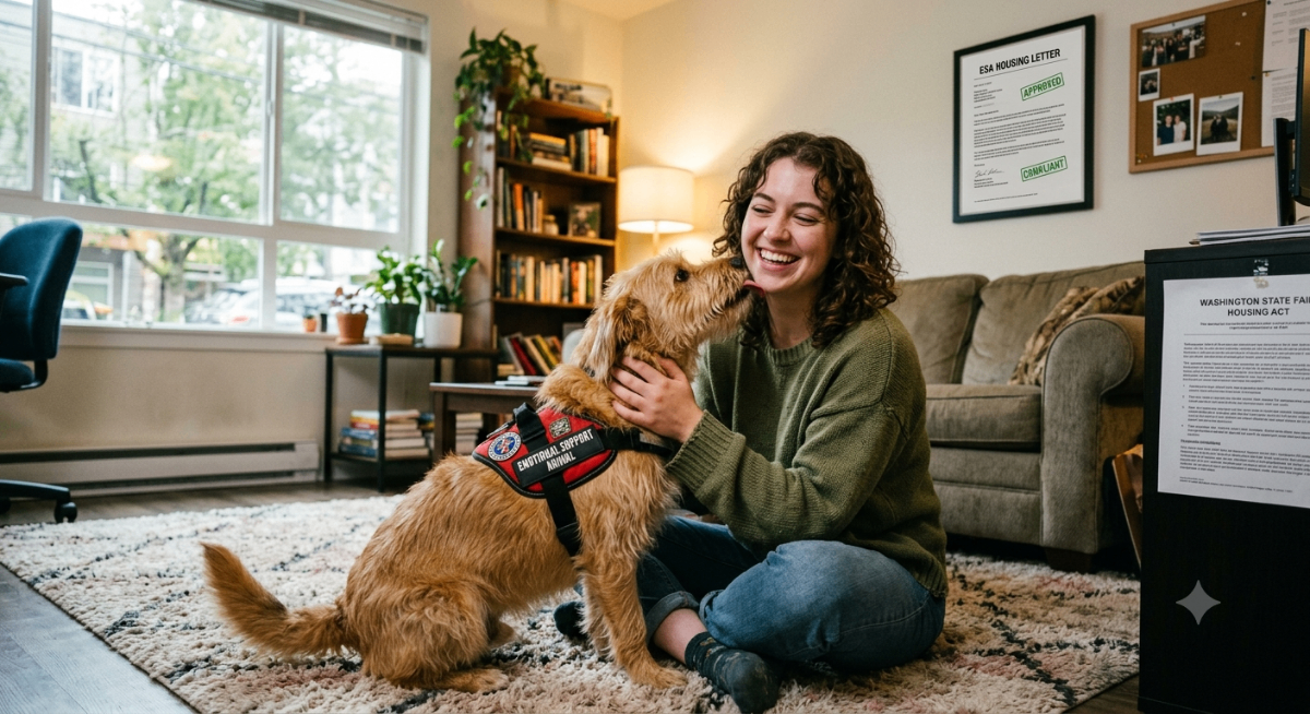 A person happily interacting with their emotional support animal in a compliant apartment setting, symbolizing FHA compliance and an affordable ESA letter.