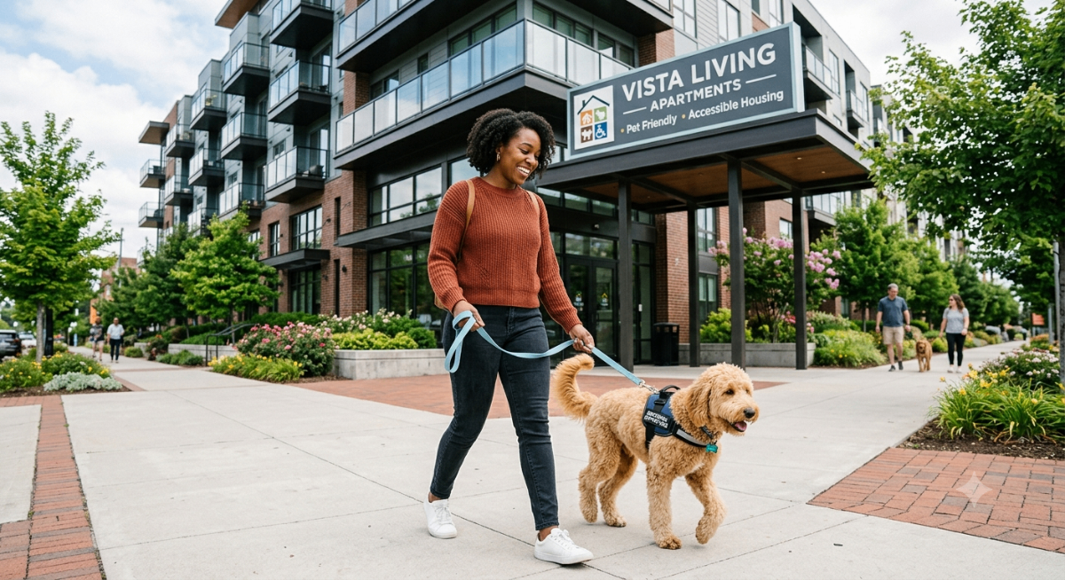 A happy person with their emotional support dog on a leash, walking past a modern apartment building, symbolizing easy housing access with a PetCerts.com ESA letter.