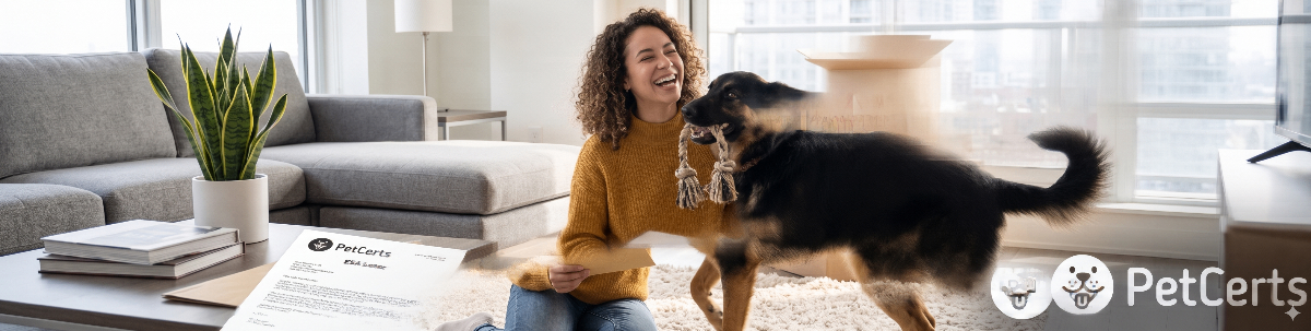 A happy dog sitting next to its owner on a couch in an apartment, symbolizing an emotional support animal living freely despite potential breed restrictions.