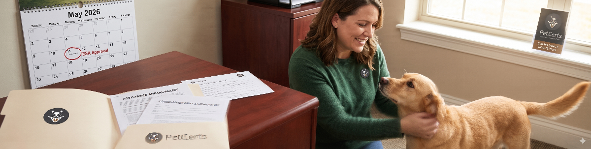 A person petting a dog, symbolizing emotional support and housing compliance, with a subtle background suggesting official documents and a calendar date for May 2026.