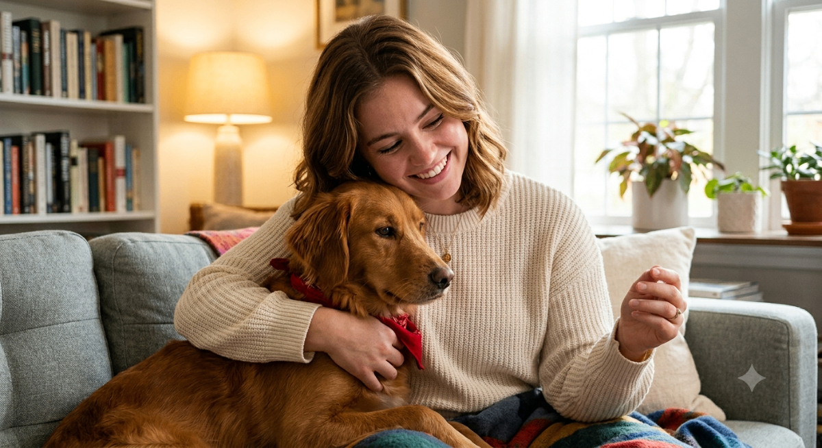 A happy person cuddling an emotional support animal, holding a document that looks like an ESA letter, symbolizing peace of mind.