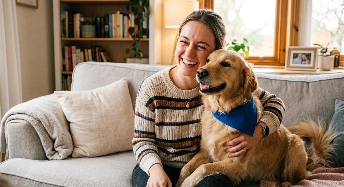 Happy person hugging a dog, symbolizing quick approval of an emotional support animal letter from PetCerts.com