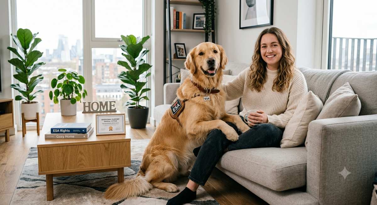 A person happily packing moving boxes with their emotional support dog, symbolizing a smooth transition with an ESA letter.