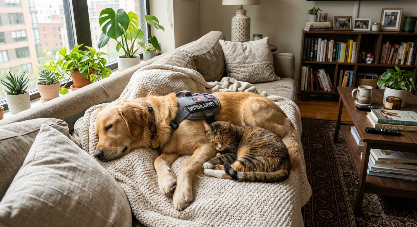 Two emotional support animals, a dog and a cat, resting peacefully together in an apartment living room.
