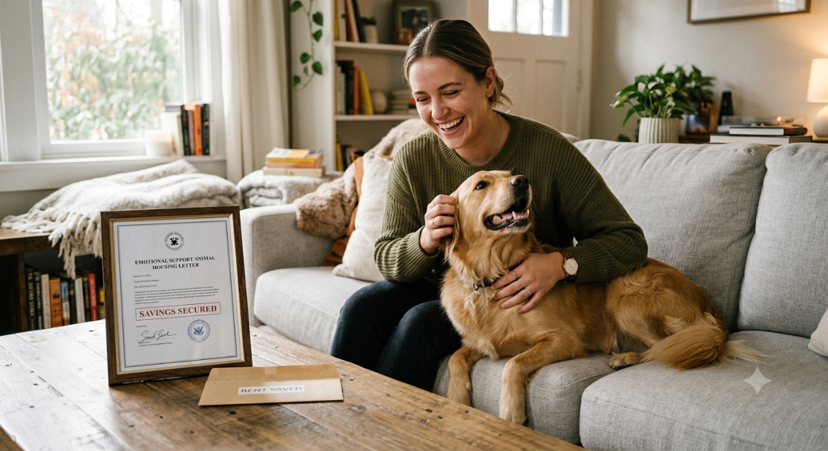 A happy person petting a dog, symbolizing the peace of mind and financial relief from saving on pet fees with an ESA letter.