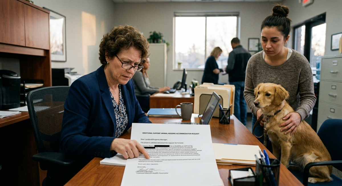 Property manager reviewing an ESA letter with a happy pet owner and their emotional support animal.
