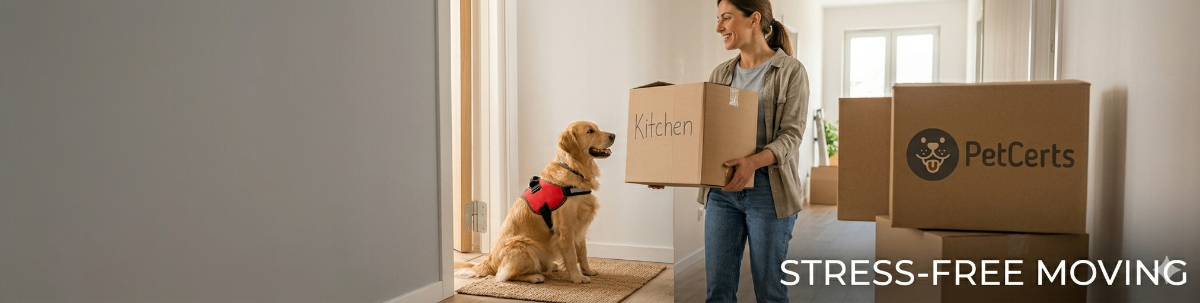 A person moving boxes with an emotional support dog sitting calmly nearby, highlighting a stress-free move with an ESA letter from PetCerts.com