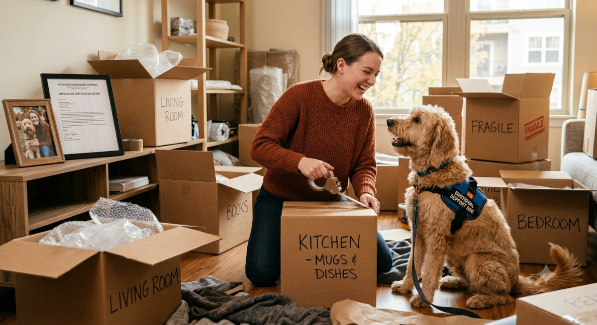 A large, friendly Golden Retriever comfortably sitting next to its owner in a modern apartment living room, symbolizing hassle-free housing with an ESA letter.