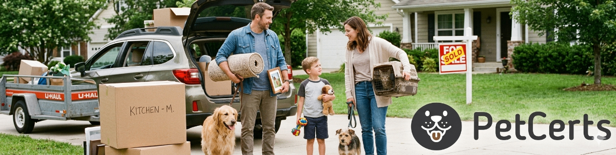 A family moving with two dogs and a cat, representing relocating with multiple emotional support animals.
