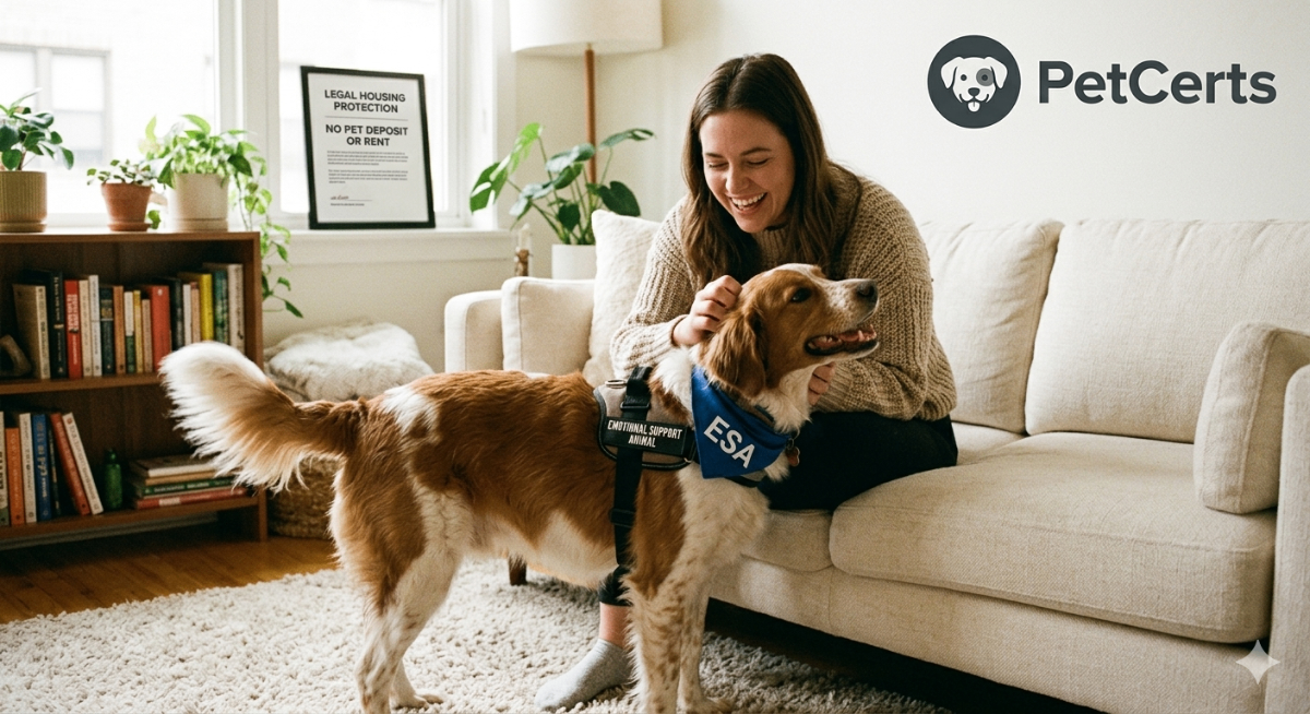 A person happily petting their dog, an emotional support animal, in a comfortable apartment setting, symbolizing risk-free housing protection.