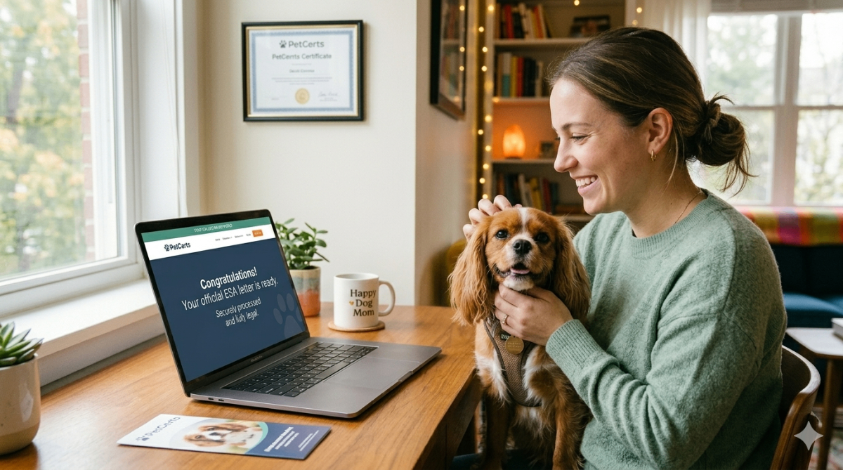 A person happily petting their emotional support dog while using a laptop, symbolizing getting an ESA letter online quickly and securely.