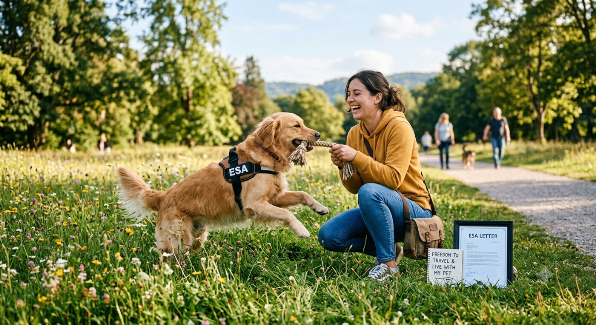A happy person playing with their dog, symbolizing the freedom and savings an ESA letter provides.