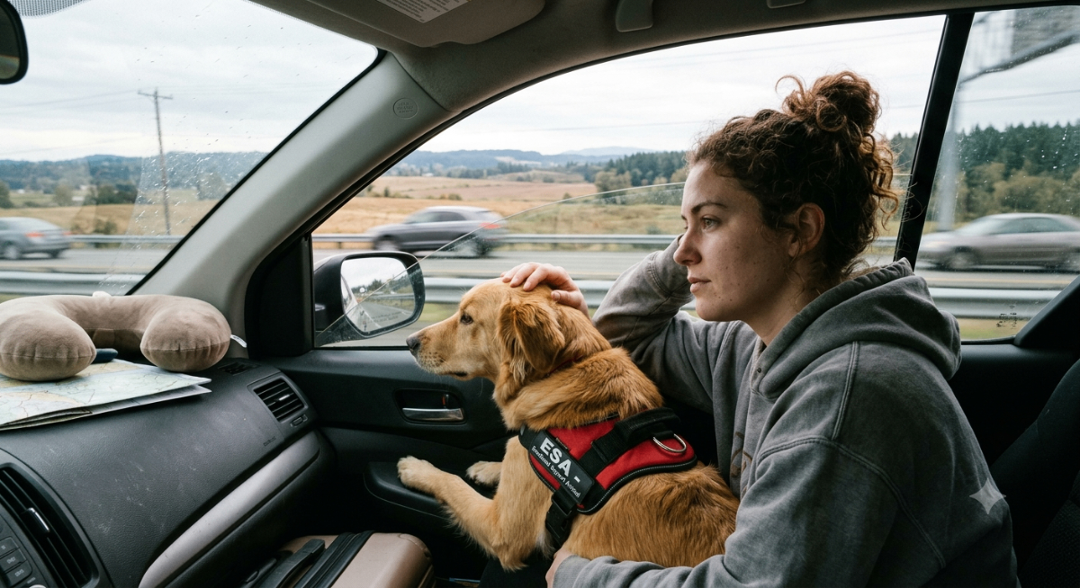 A person with an emotional support animal looking out a car window at a moving landscape, symbolizing interstate relocation.