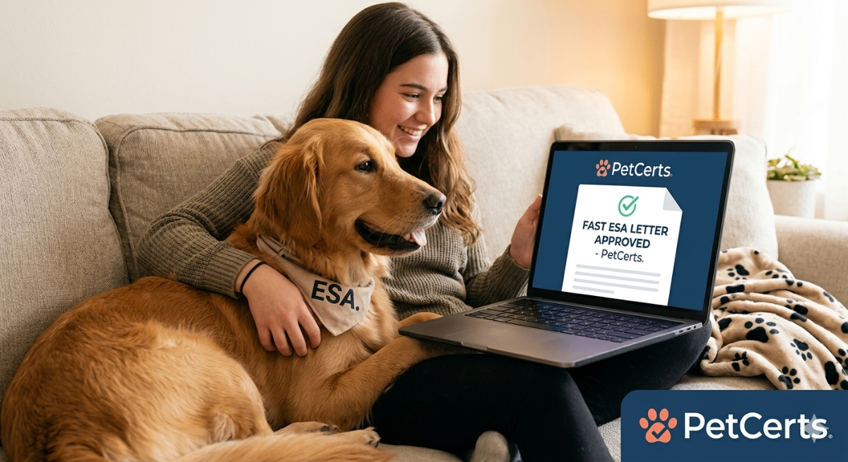 Person cuddling an emotional support animal, a dog, while looking at a laptop, symbolizing fast ESA letter acquisition.