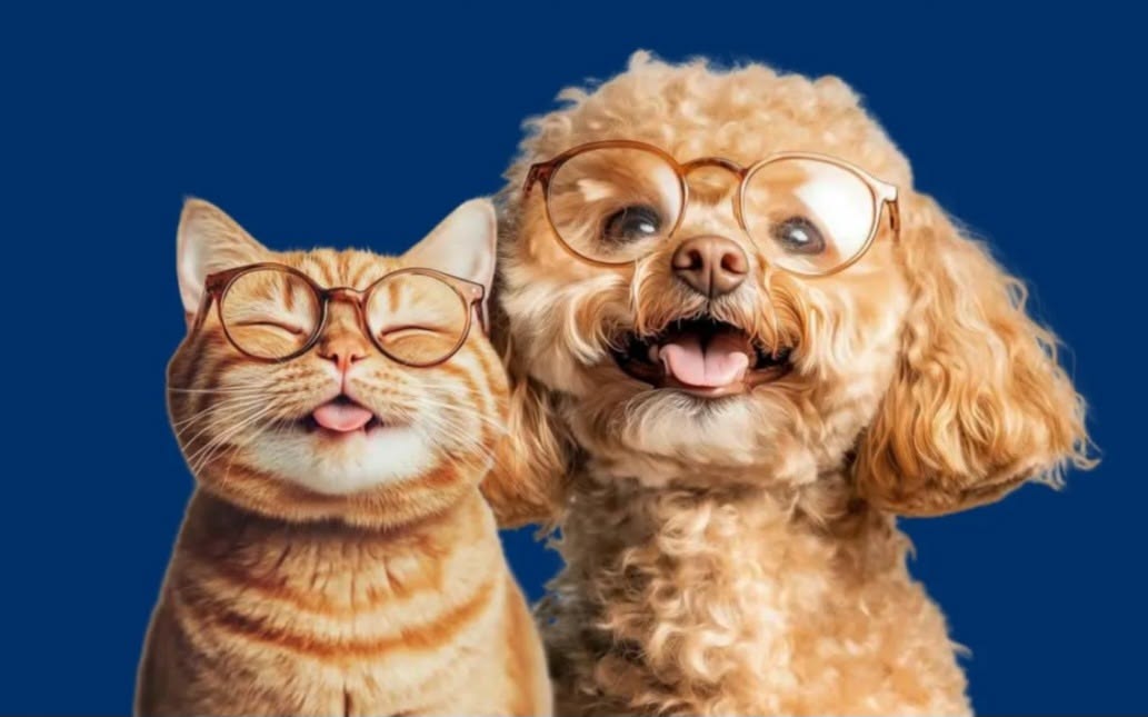 A fluffy white cat and a golden retriever dog sitting together, illustrating that the ESA letter process is the same for both species.