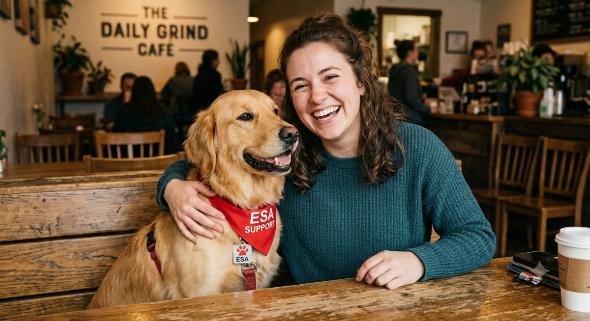 A person smiling with an emotional support dog, holding an official-looking document, symbolizing fast ESA letter approval.