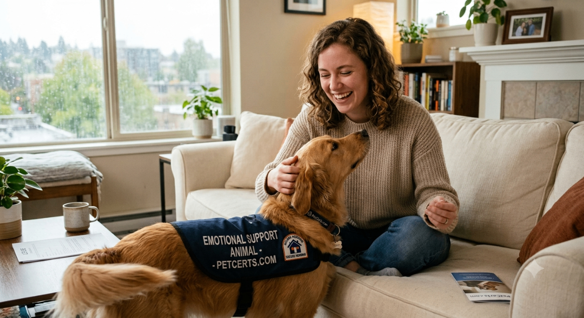 A person happily petting an emotional support animal, symbolizing secure housing with an ESA letter from PetCerts.com.