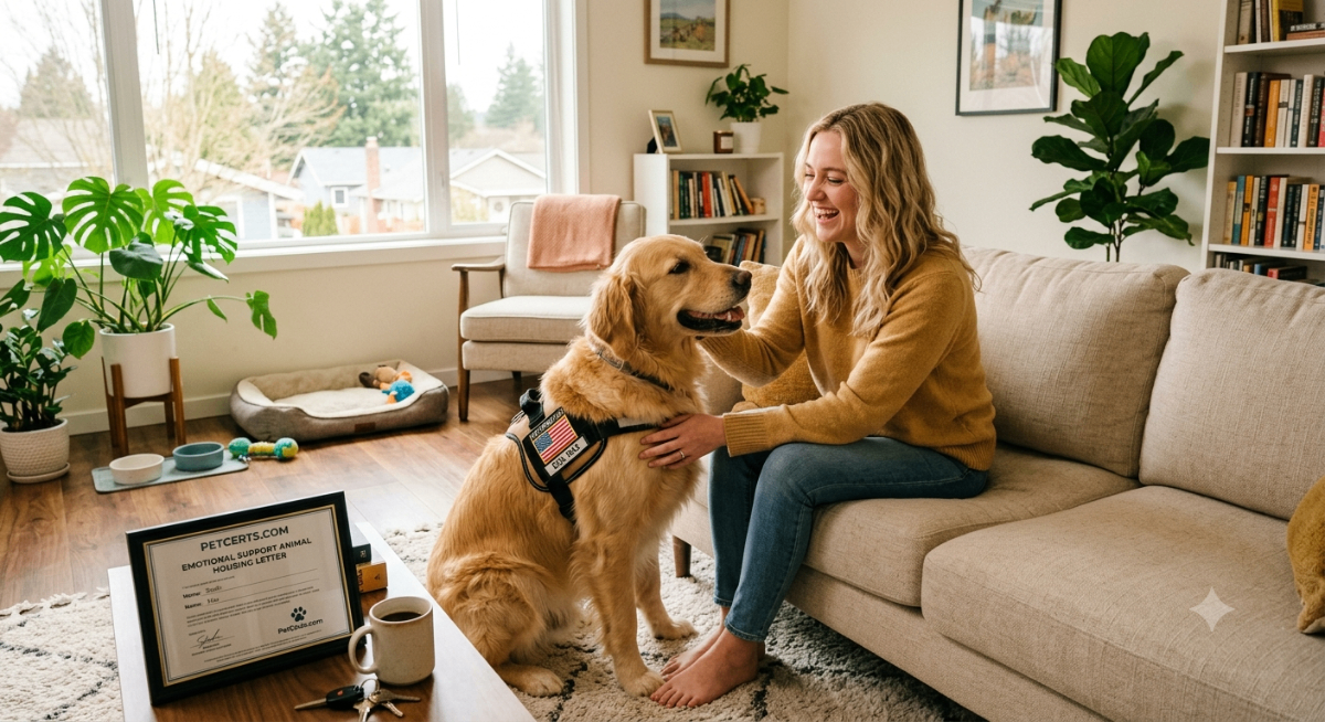 A person happily sitting with their emotional support animal (ESA) in a pet-friendly apartment, illustrating the freedom gained with a PetCerts.com ESA letter.