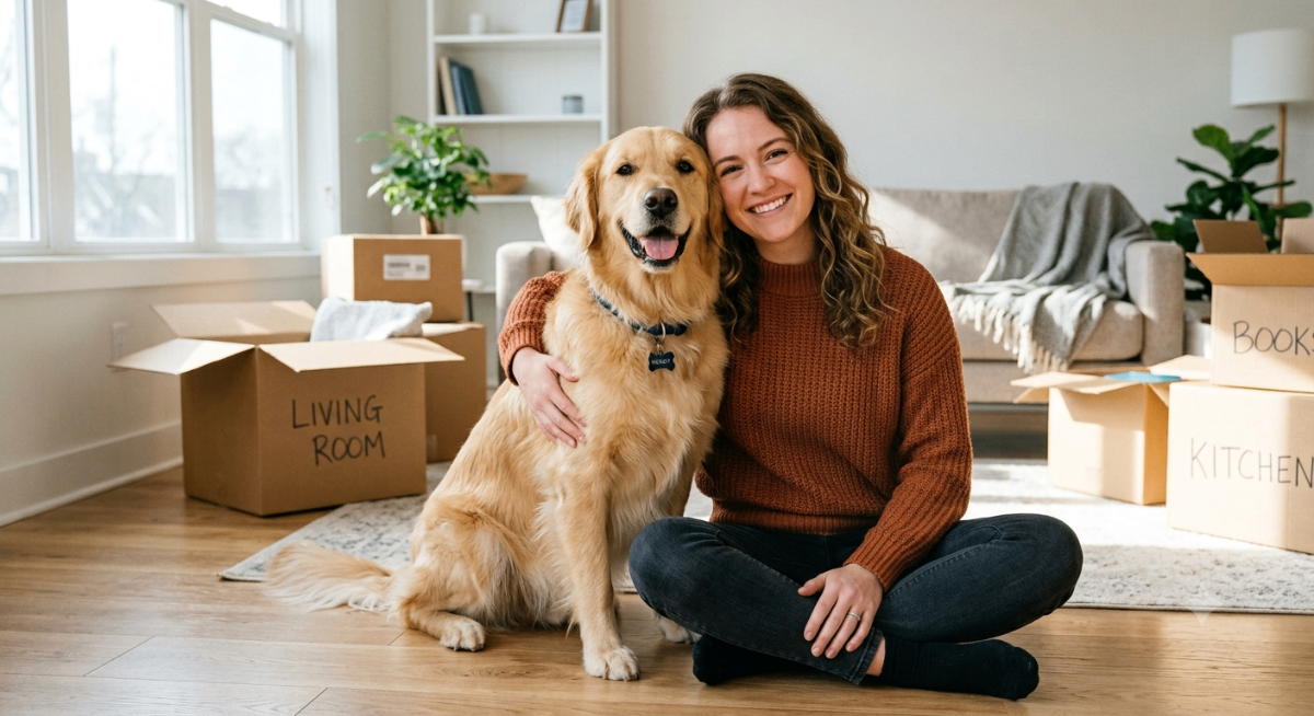 A happy large dog, possibly a Golden Retriever or Labrador, sitting calmly next to its owner in a new apartment, symbolizing successful housing with an ESA letter.