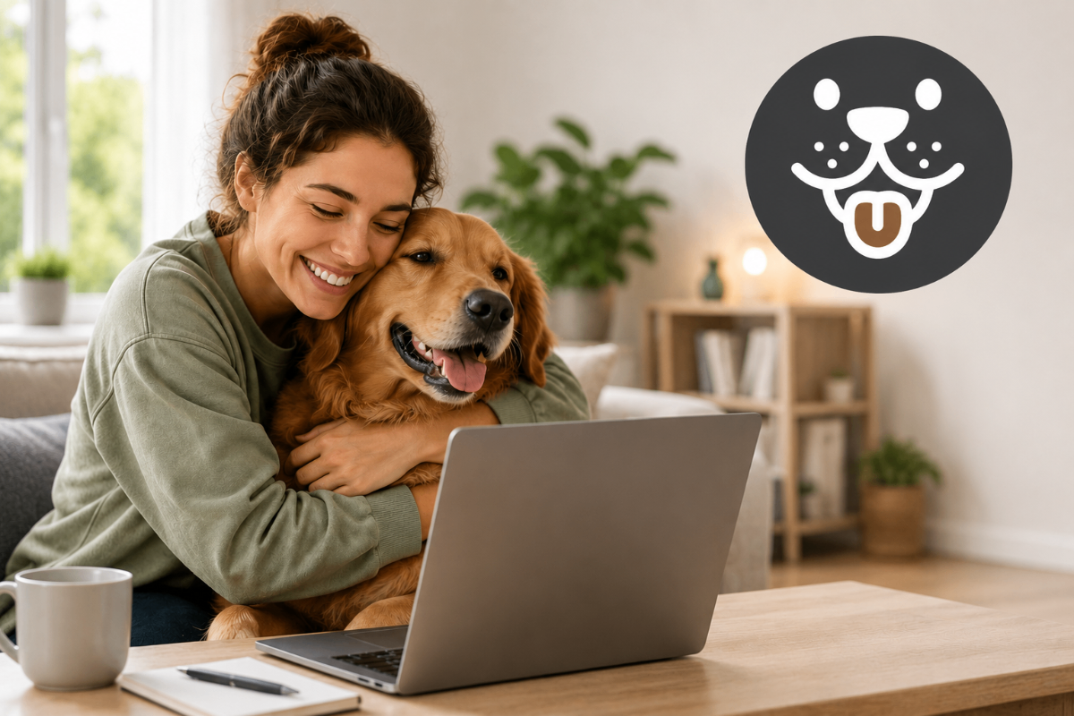 A person happily hugging their emotional support dog while looking at a laptop, symbolizing fast online ESA letter approval.