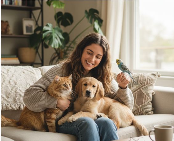 Two emotional support animals, a dog and a cat, peacefully coexisting in a comfortable apartment living room, symbolizing multiple ESAs in housing.
