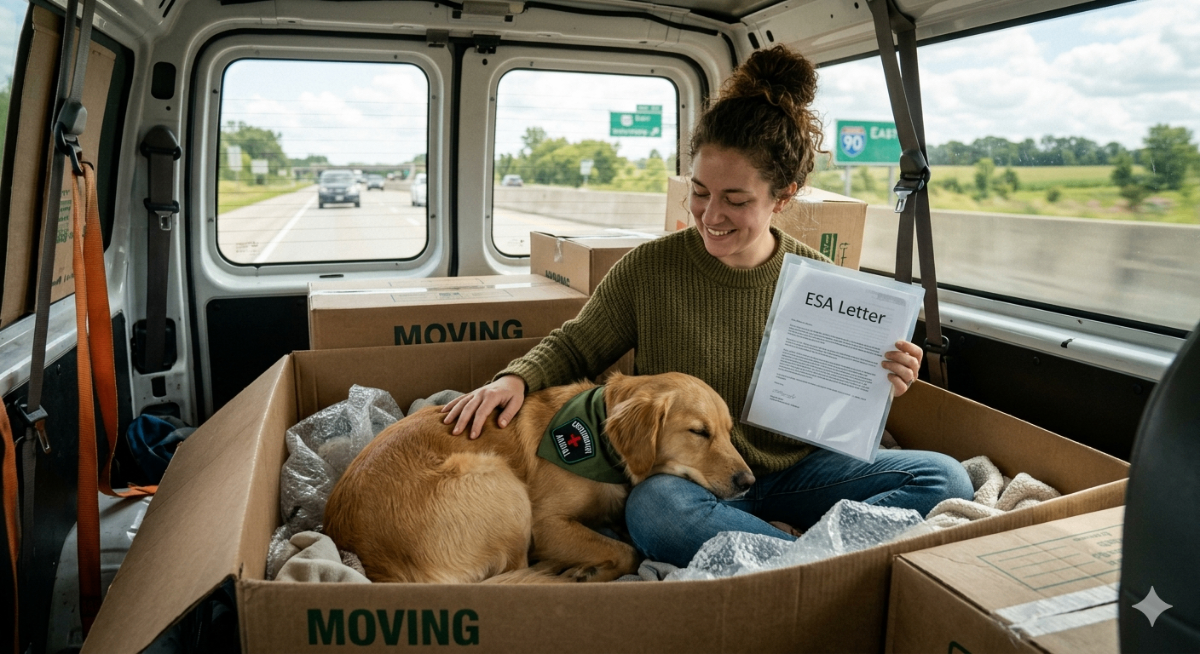 Happy renter with an emotional support animal sitting on moving boxes, symbolizing stress-free moving with an ESA letter from PetCerts.com