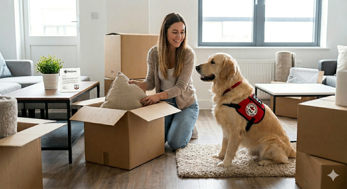 A person happily unpacking boxes in a new apartment with their emotional support dog sitting calmly beside them, representing a smooth move with an ESA letter.