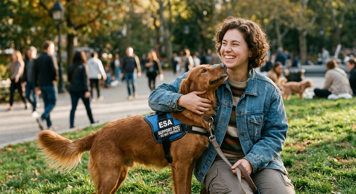 Happy individual with an emotional support animal, showcasing affordable ESA letter benefits from PetCerts.com