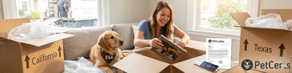 A person with an emotional support animal sitting in a moving box, looking at a map, symbolizing state-to-state relocation with an ESA letter.