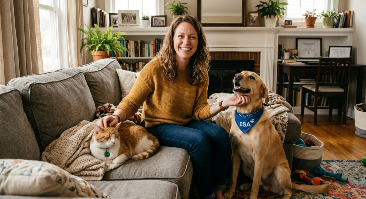 A person happily petting a dog and a cat on a couch, symbolizing peaceful coexistence with ESAs in housing.