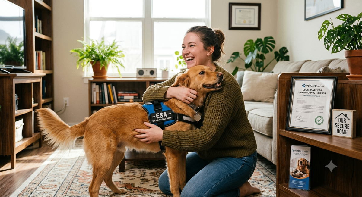A happy person hugging their emotional support dog, symbolizing affordable and legitimate ESA housing protection from PetCerts.com.