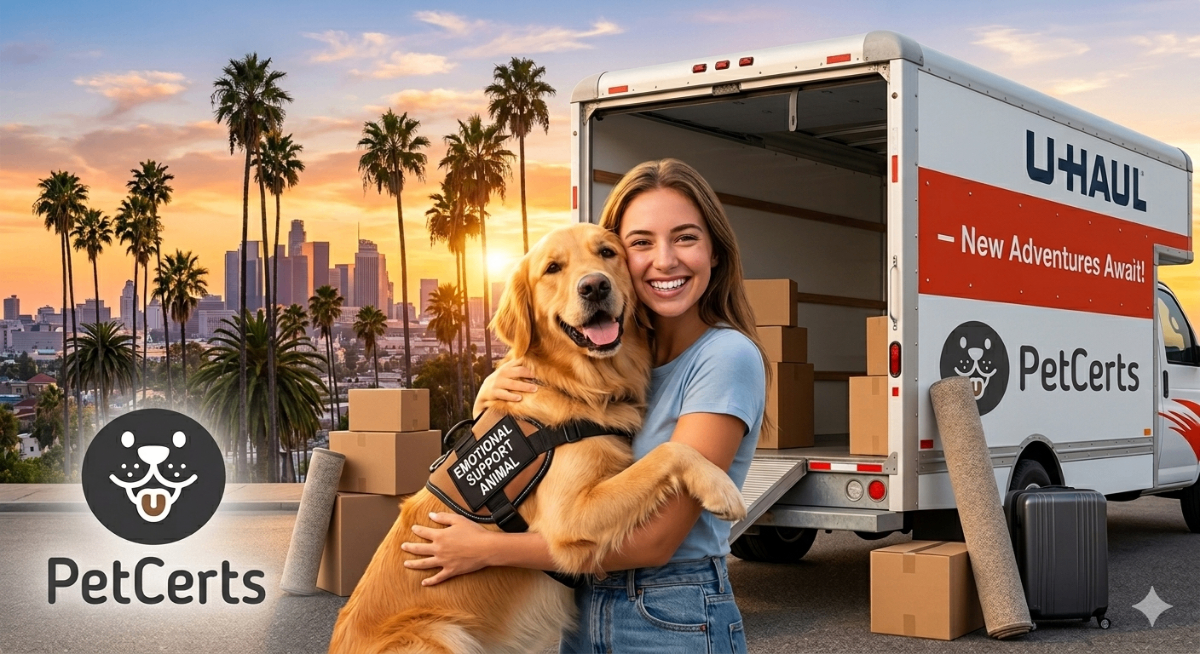 A happy person hugging an emotional support dog in front of a moving truck, with silhouettes of palm trees and a cityscape in the background, symbolizing a move to California, Texas, or Florida.