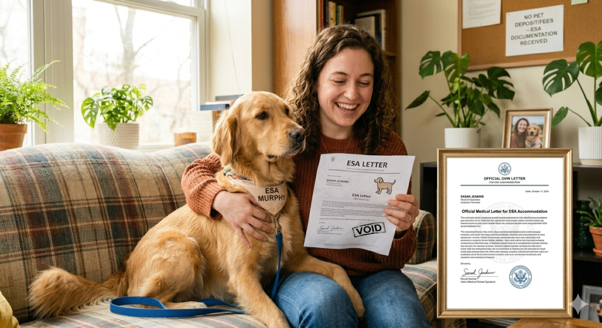 Person happily holding an emotional support dog with a cheap ESA letter, looking at a legitimate document.