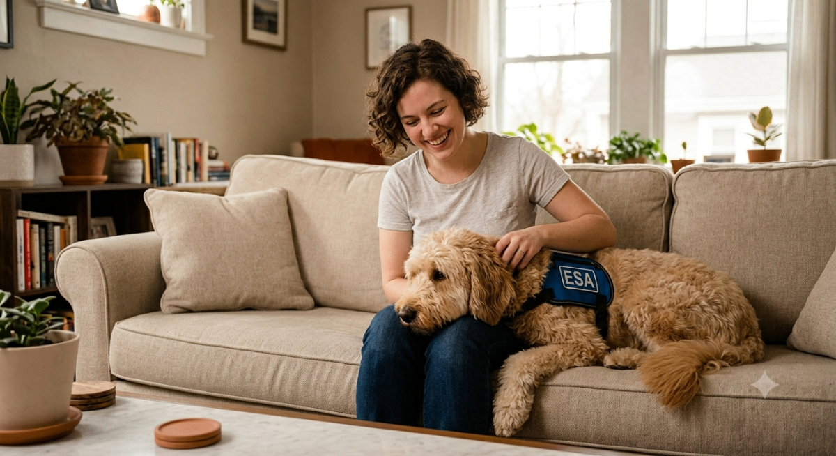 A happy person petting an emotional support animal in a home, representing secure housing with an ESA letter from PetCerts.com.