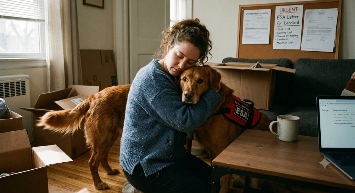 A person hugging their dog, representing the comfort of an emotional support animal and the urgency of needing an ESA letter for housing.