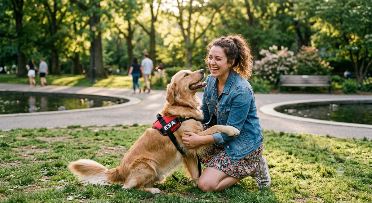 A person happily embracing their emotional support dog on a sofa, symbolizing comfort and the security of housing with an ESA.